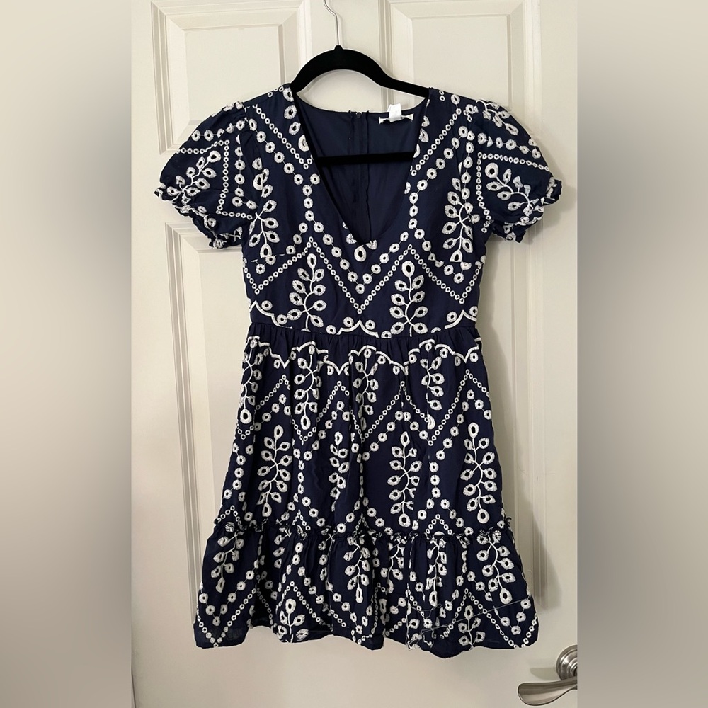Francesca's Mi Ami Fit & Flare Dress Embroidered Blue & White Puff Sleeve Small